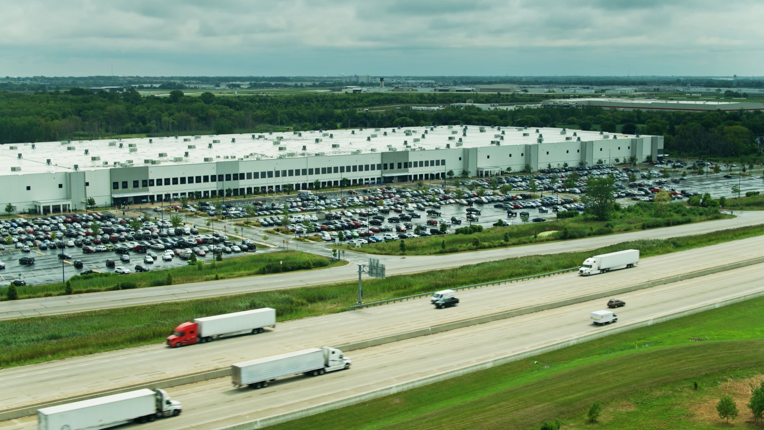 Aerial view of a distribution center and transport corridor